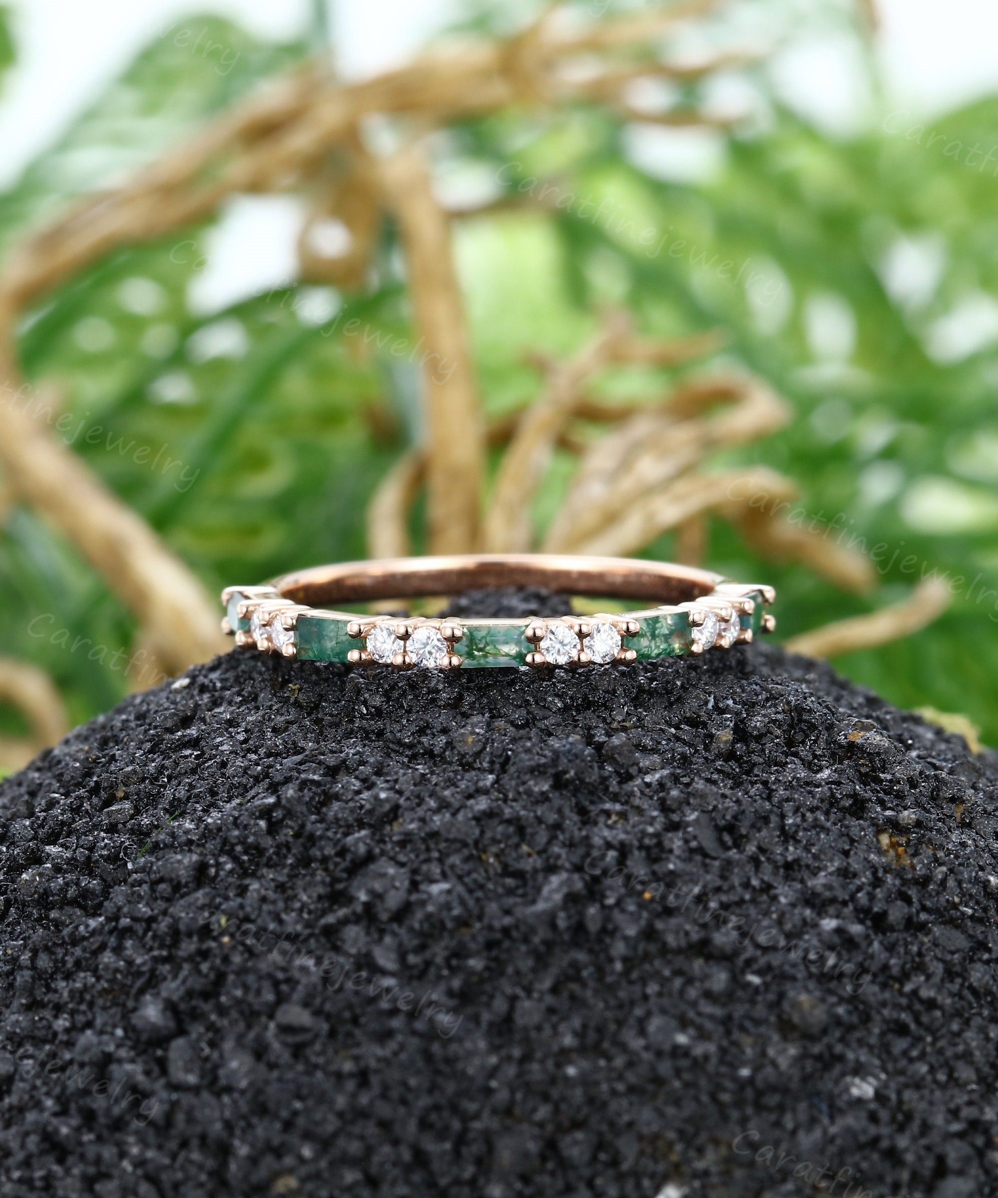 Baguette cut Moss agate wedding band Dainty Half eternity Moissanite band stacking band matching band rose gold band anniversary band ring