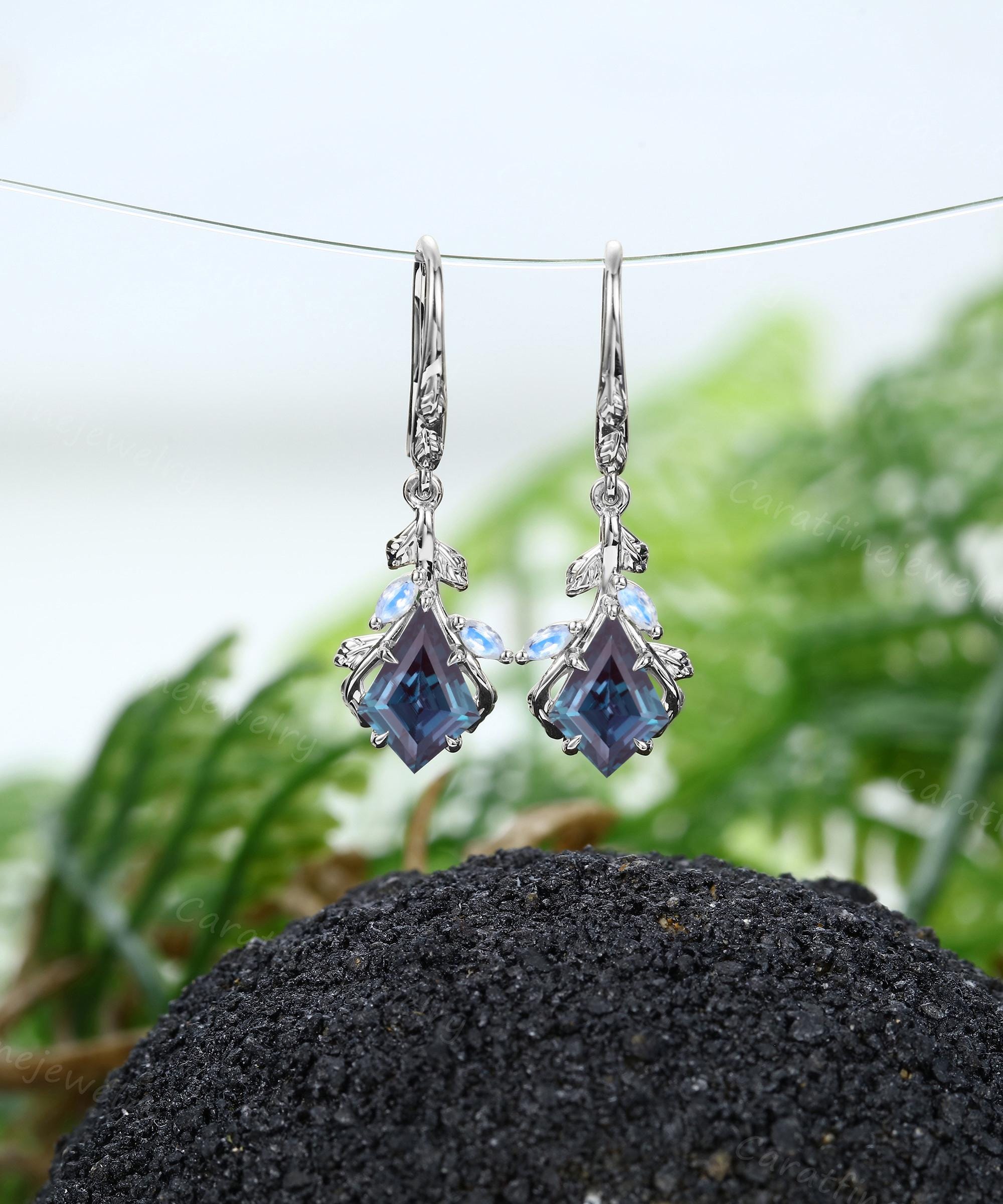 Kite cut Alexandrite Earrings Rose gold Leaf Nature Inspired earring Moonstone Earrings Bridal Jewelry promise gift June birthstone for her