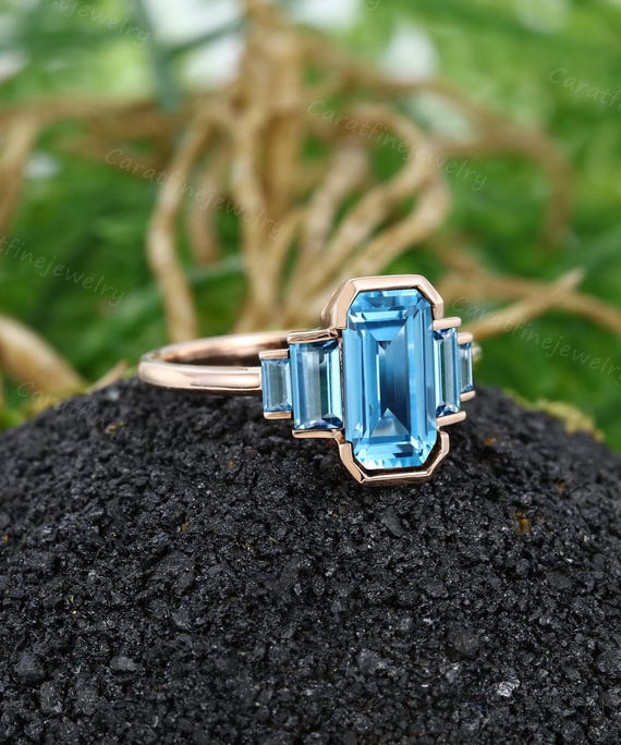 Emerald Cut Swiss Blue Topaz Ring Rose Gold Engagement Ring