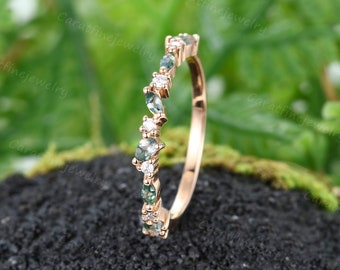 Pear cut Moss agate wedding band Unique Rose gold Half eternity wedding ring Cluster Moissanite Stacking band Promise Anniversary gift ring