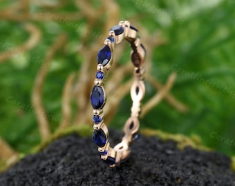 Blue sapphire wedding band Unique Rose gold Full eternity wedding ring Marquise cut Blue sapphire Stacking band Promise Anniversary ring