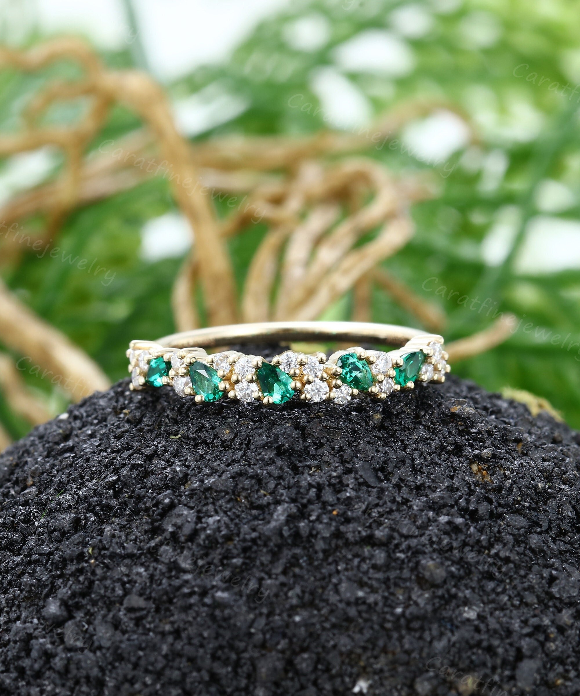 Unique Emerald Wedding Band Engagement Band Vintage Pear Cut Emerald — free download