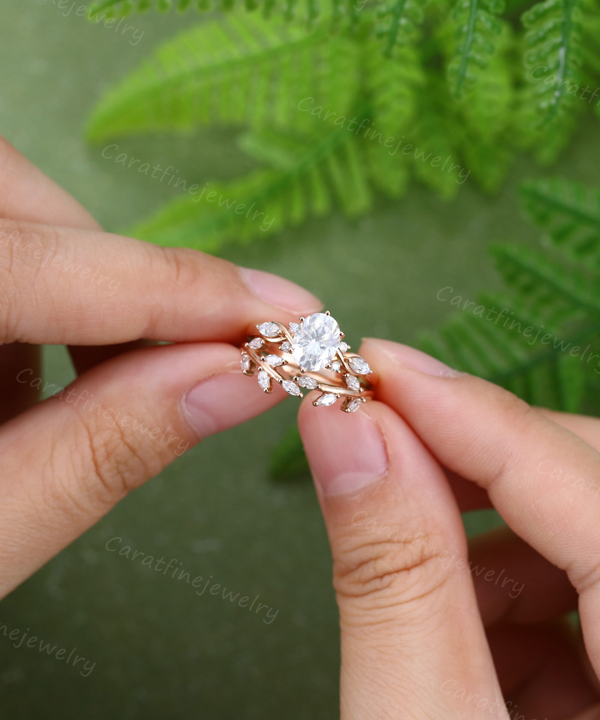 Oval Cut Moissanite Engagement Ring Set Vintage Rose Gold