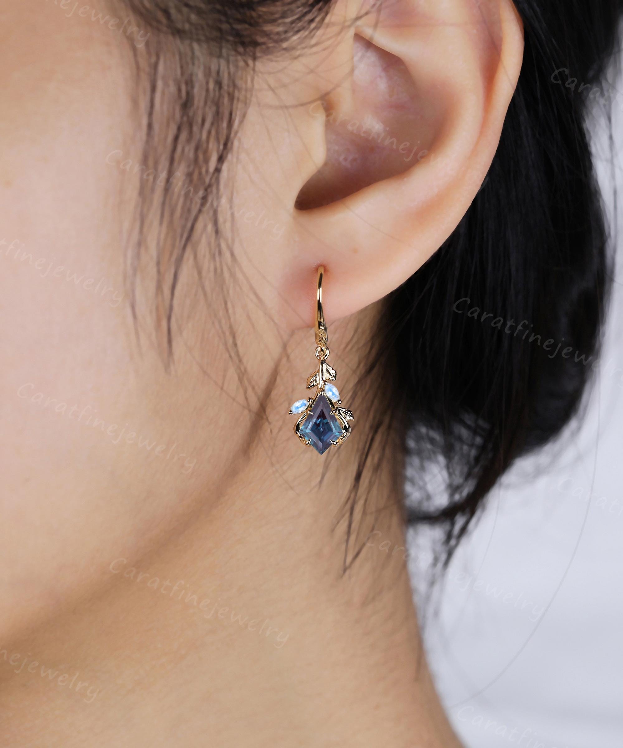 Kite cut Alexandrite Earrings Rose gold Leaf Nature Inspired earring Moonstone Earrings Bridal Jewelry promise gift June birthstone for her