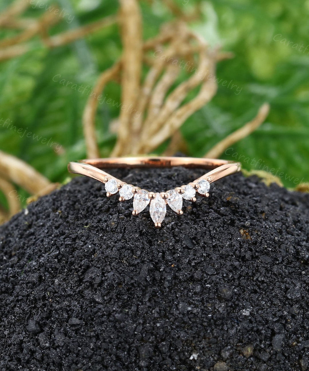Marquise Cut Moissanite Curved Wedding Band Vintage Rose Gold Wedding ...