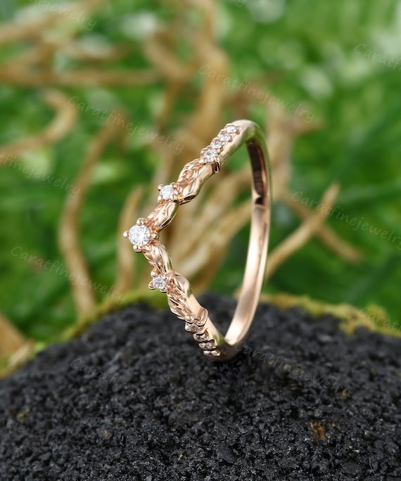 Filigree Curved Wedding Band Vintage Rose Gold Moissanite Wedding
