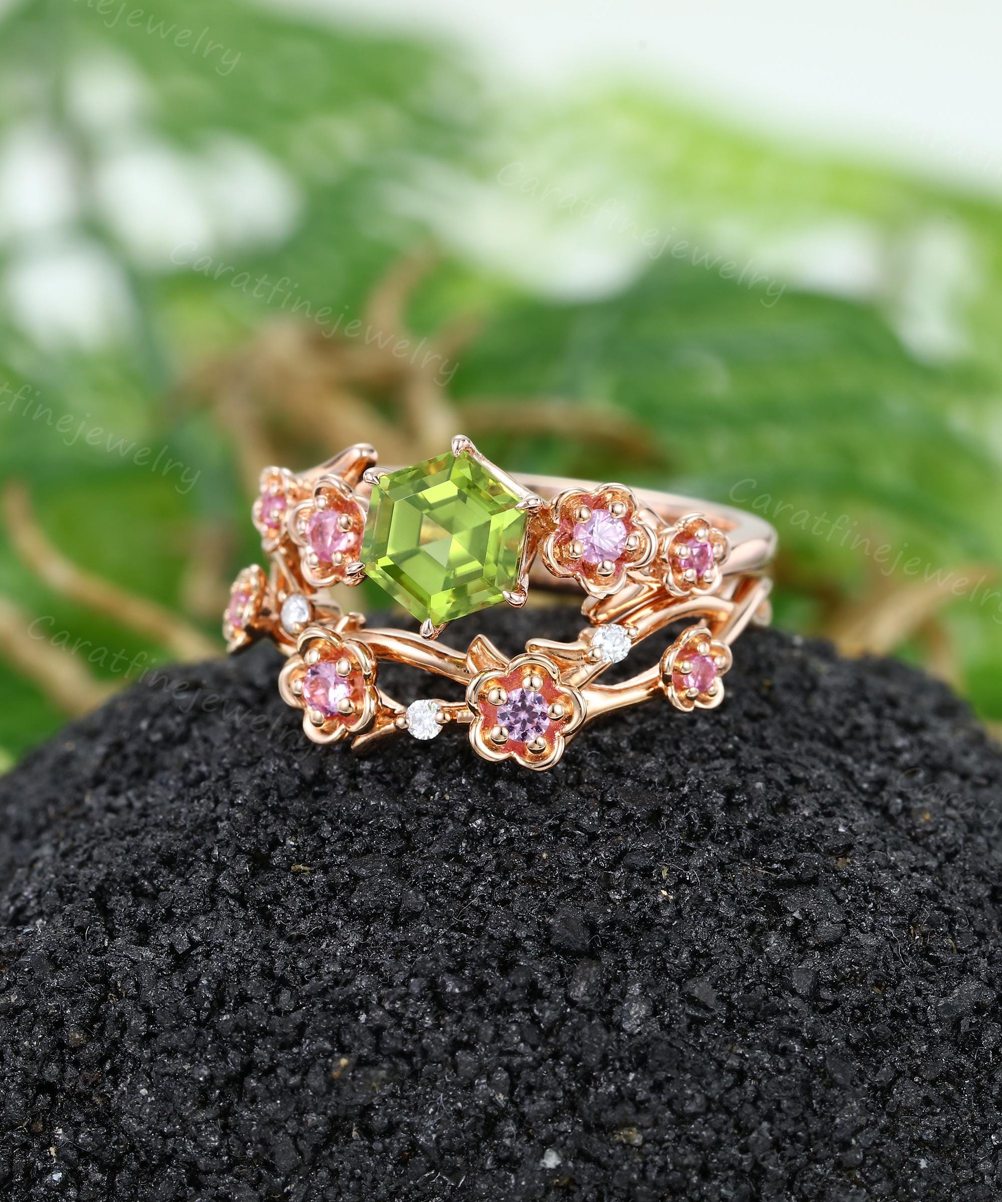 Hexagon Cut Natural Peridot Engagement Ring Set Vintage Rose Gold