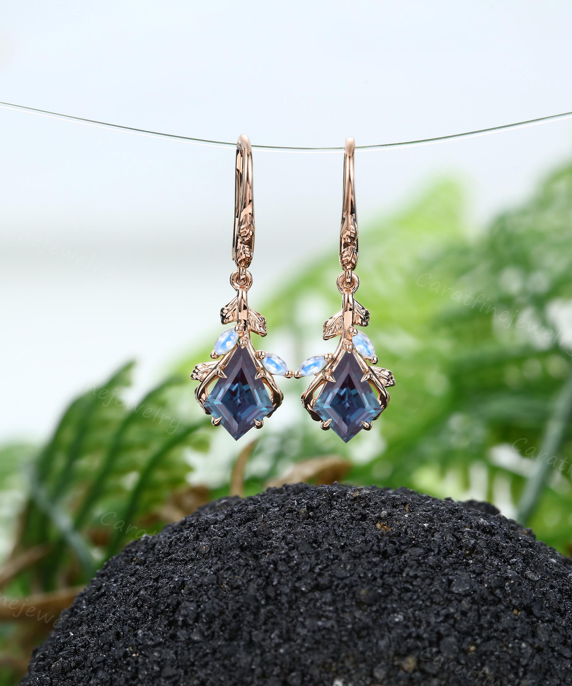Kite cut Alexandrite Earrings Rose gold Leaf Nature Inspired earring Moonstone Earrings Bridal Jewelry promise gift June birthstone for her