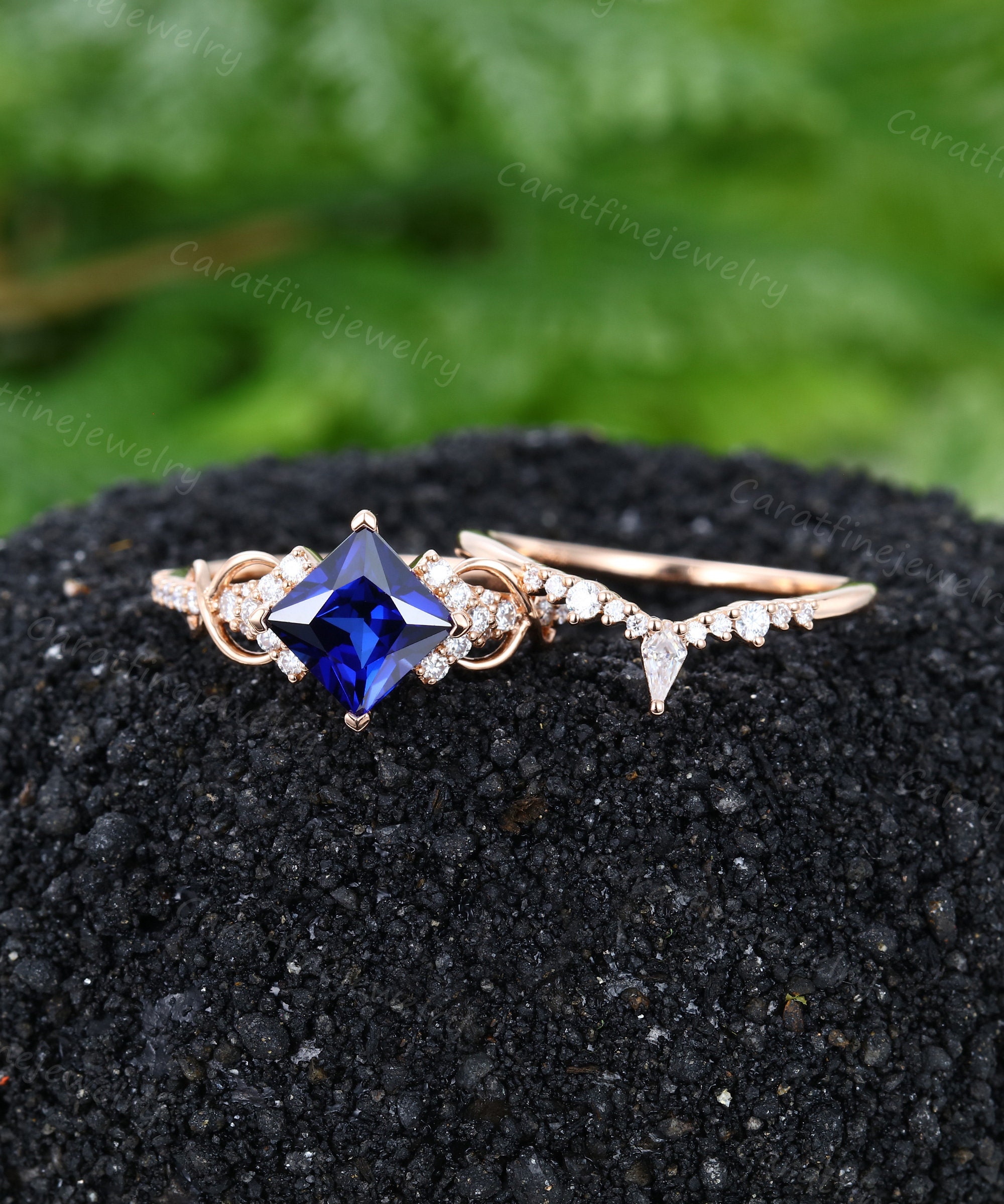 Princess cut Blue sapphire engagement ring set Rose gold Moissanite Bridal set Kite cut Diamond wedding ring set Women Art deco Promise ring