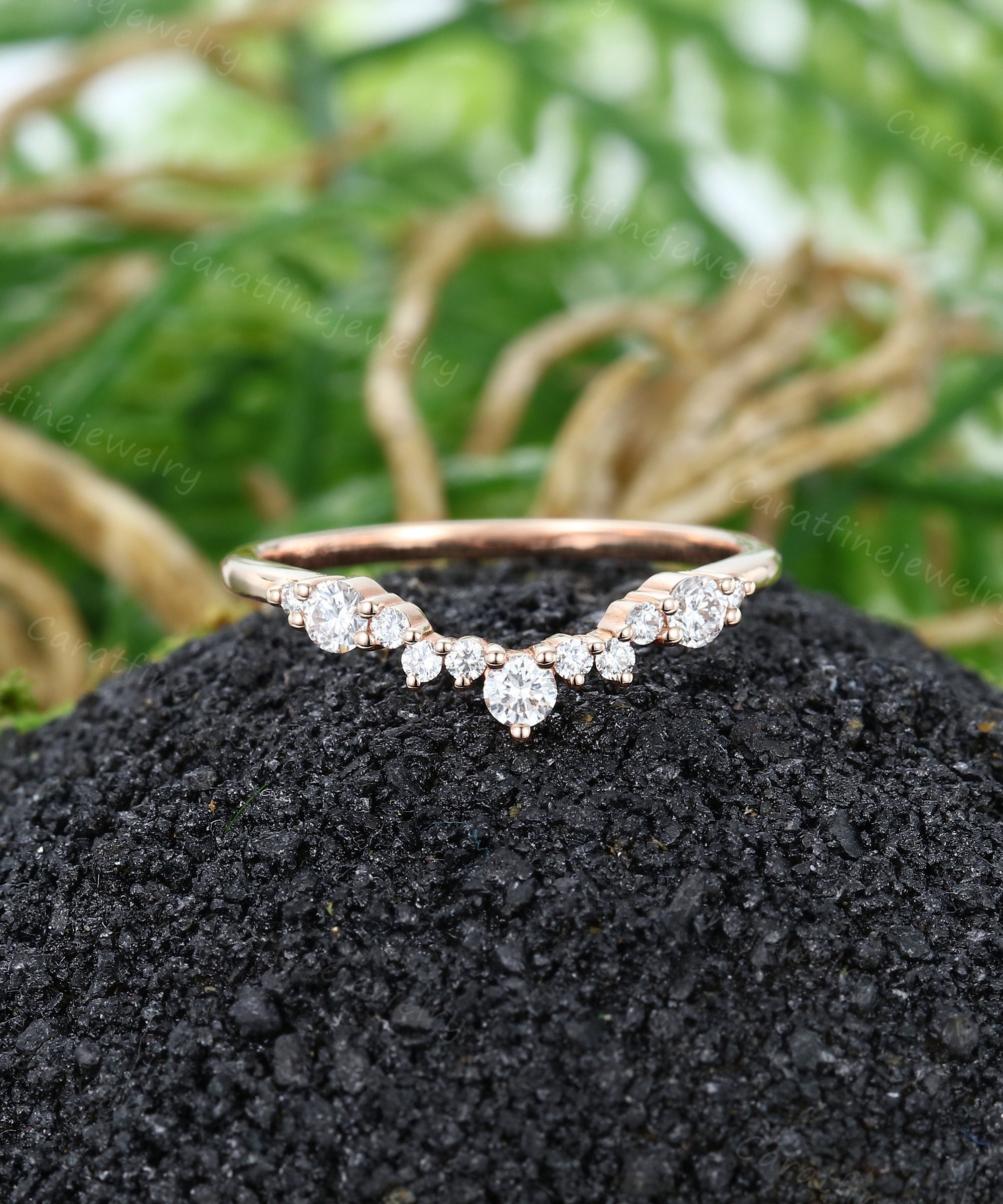 Round cut Moissanite Wedding band Vintage Rose gold Diamond Curved wedding band Cluster Stacking Matching ring Promise ring for women