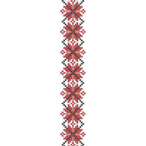 Puede incluir: Un diseño bordado vertical rojo y negro con un patrón geométrico repetitivo.