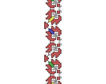 May include: A red, white, and blue patterned border design with a repeating motif. The design features a series of stylized flowers with a central blue circle and white and red accents.