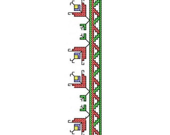 May include: A vertical border design with a repeating pattern of green, red, yellow, and blue squares and lines.