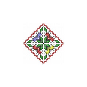 Puede incluir: Un patrón de punto de cruz en forma de diamante, en rojo, verde, amarillo y azul.