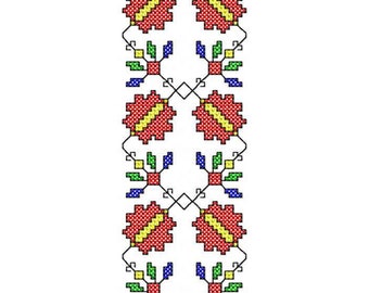 Puede incluir: Un patrón repetitivo de flores rojas, amarillas, verdes y azules con una forma de diamante en el centro de cada flor. El patrón es simétrico y se repite verticalmente.