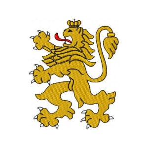 May include: Embroidered gold lion rampant with a red tongue, wearing a crown. The lion is depicted in a heraldic style, with detailed claws and mane, against a white background. This design is suitable for apparel or home decor.