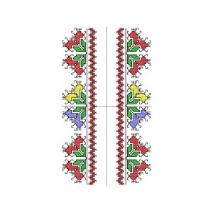 May include: A symmetrical design featuring colorful cross-stitch patterns. The design includes red, green, yellow, and blue floral motifs, with a central vertical line and a red and black border on either side. The background is white.