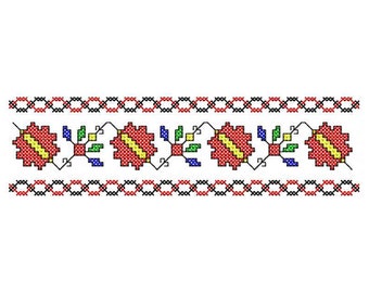 May include: A red, yellow, blue, and green embroidered border with a repeating floral pattern.