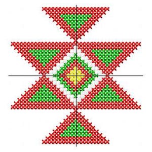 May include: A red and green geometric pattern with a yellow center. The pattern is made up of triangles and squares.