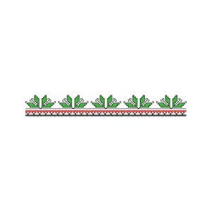 Op de afbeelding: Een groene en witte geborduurde rand met een herhalend patroon van gestileerde bladeren. De rand is omlijst door een rode en zwarte streep.