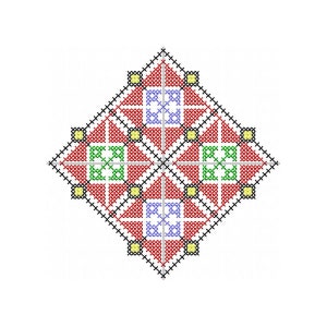 Puede incluir: Un patrón de punto de cruz en forma de diamante con un esquema de color rojo, verde, azul y amarillo. El patrón es simétrico y presenta un diseño repetitivo de cuadrados y triángulos.