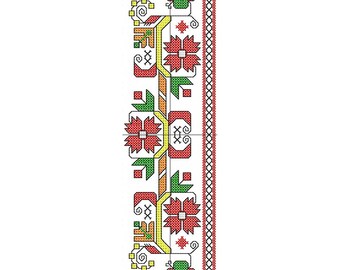 May include: A red, green, yellow, and orange embroidered design with floral motifs. The design is on a white background and is perfect for cross-stitch projects.