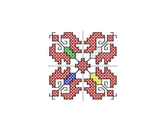 Puede incluir: Un patrón de punto de cruz rojo, blanco y azul con un centro verde, azul y amarillo.