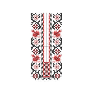 May include: A cross-stitch design featuring a floral pattern in red, black, and light pink. The design is centered on a white background and includes a rectangular neckline shape with a red border.