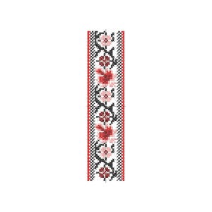 May include: A narrow, vertical cross-stitch design featuring a repeating floral pattern. The design incorporates red, black, and light pink colors. The edges are bordered with a red and black grid pattern, and the central design includes stylized flowers and leaves.