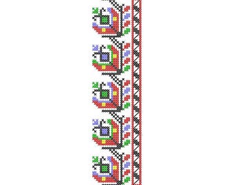 May include: A black and white cross stitch pattern with red, green, blue, and yellow accents. The pattern features a repeating design of stylized flowers and leaves.