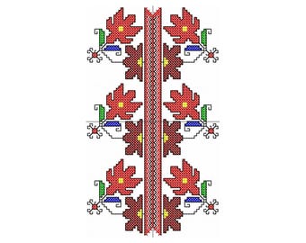 May include: A cross-stitch pattern featuring a vertical design with red floral motifs and a central red and white striped border. The design includes green, blue, and brown accents on a white background, creating a folk art aesthetic.