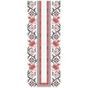 May include: A cross-stitch design featuring a central red and white panel, framed by intricate floral patterns in red, pink, and black. The design is symmetrical, with a U-shaped neckline, perfect for embroidery projects.