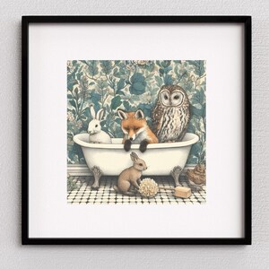 Volpe, gufo e coniglio in bagno, stampa animalier, decorazione da parete per il bagno, animali da bagno, decorazione da parete per il bagno, volpe per bambini, bagno per bambini, fauna selvatica
