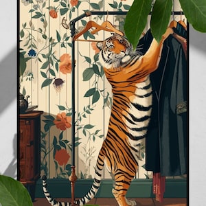 Appendiabiti a forma di tigre, stampa da parete per guardaroba, stampa da camera da letto massimalista, sfondo botanico, decorazione della giungla, arte divertente per il bagno, poster per guardaroba con tigre