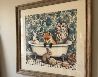 Woodland Animals Bathroom Print | Whimsical Fox, Rabbit, Owl Nursery Wall Art | Whimsical Home Decor | Whimsical Wall Art