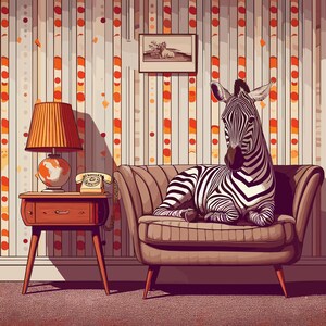 Zebra on Sofa Print: Retro Maximalist Animal Wall Art