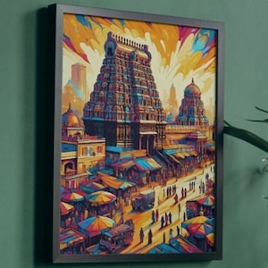 Impression du temple de Chennai, décoration d'intérieur abstraite du Tamilnadu, affiche en tamoul, peintures murales de Chennai, art mural sud de l'Inde, Chidambaram, Diwali, pendaison de crémaillère
