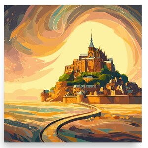 Mont Saint Michel Wall Art, stampa Francia, poster di viaggio astratto, arte del castello francese, immagine del castello