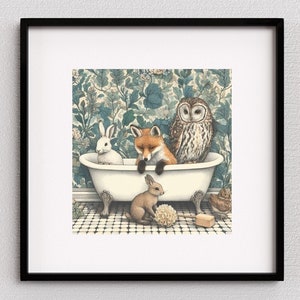 Zorro, búho, conejo en el baño, arte de pared para baño con estampado animal, decoración de animales para el baño, arte de pared para baño, zorro, baño infantil, vida silvestre