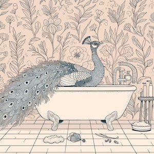 Whimsical Peacock Bathroom Art Print – Funny Peacock in Bathtub, Floral Decor