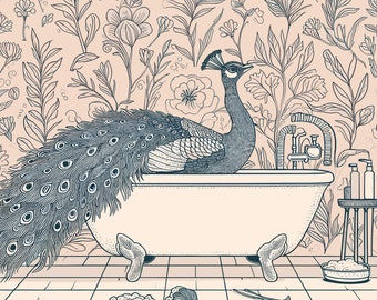 Lámina artística de pavo real caprichoso para baño: divertido pavo real en la bañera, decoración floral