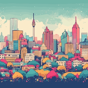 Arte murale di Johannesburg, stampa dello skyline di Johannesburg, arte astratta del Sud Africa, ricordo di viaggio, promemoria