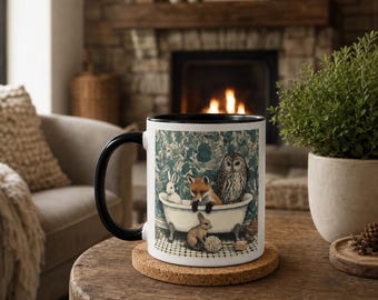 Fox, Owl, Rabbit Ceramic Mug: Whimsical Animal Bath Art