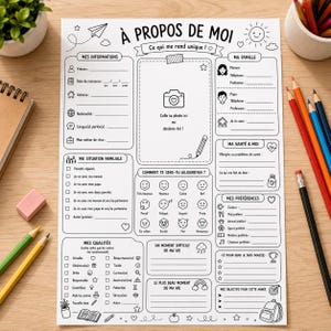 Può includere: Un foglio di attività in carta bianca intitolato "À PROPOS DE MOI" con illustrazioni a linee nere e testo in francese. Il modello include sezioni per informazioni personali, dettagli familiari, salute, preferenze, qualità e stati d'animo.