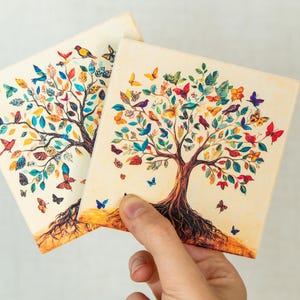 Tree of Life Coaster Set of 4 – Colorful Nature Drink Coasters – Spiritual Home Decor – Handmade MDF Coasters – Butterfly Art Gift