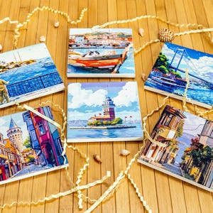 Istanbul Coaster Set – Turkish Landmark Art – Galata Tower & Maiden’s Tower Decor – Travel Gift