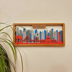 San Francisco Skyline Framed Wall Art – 3D Wooden City Silhouette with Golden Gate Bridge – Laser Cut MDF – Handmade Gift for Travel Lovers