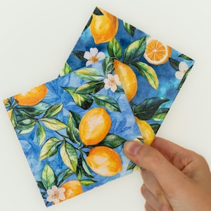 Lemon Coaster Set of 4, Summer Drink Coasters, Yellow Fruit Kitchen Decor, Handmade MDF Coasters, Housewarming Gift, Blue Citrus Coasters