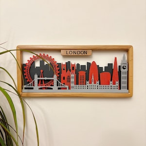 Skyline di Londra - Quadro da parete con cornice - Silhouette di città in legno 3D - MDF tagliato al laser - Regalo Big Ben e Tower Bridge - Quadro da parete con viaggi britannici fatto a mano