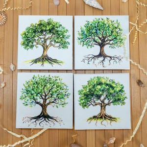 Tree Coaster Set of 4 – Nature-Inspired Drink Coasters – Green Tree Illustration – Eco Home Decor – Handmade MDF Table Gift